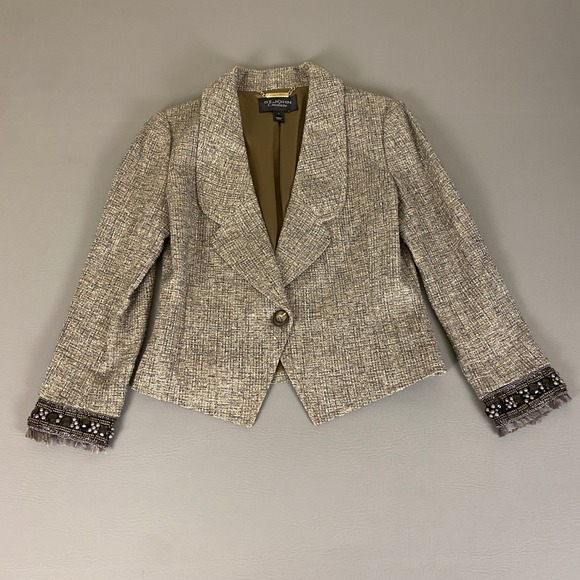 St. John Couture Blazer Jacket Women's Size 4 Beige Tweed Embellished Beaded * - Picture 1 of 16
